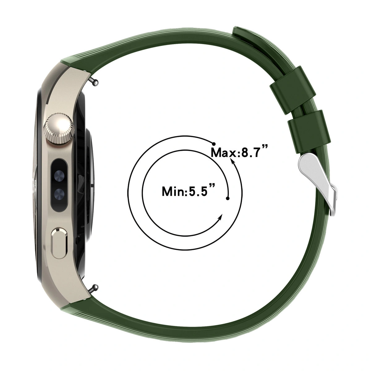 Silikonowy pasek Bizon Strap Watch Silicone T do Huawei Watch 5 42 mm ustawiony od strony zapięcia 